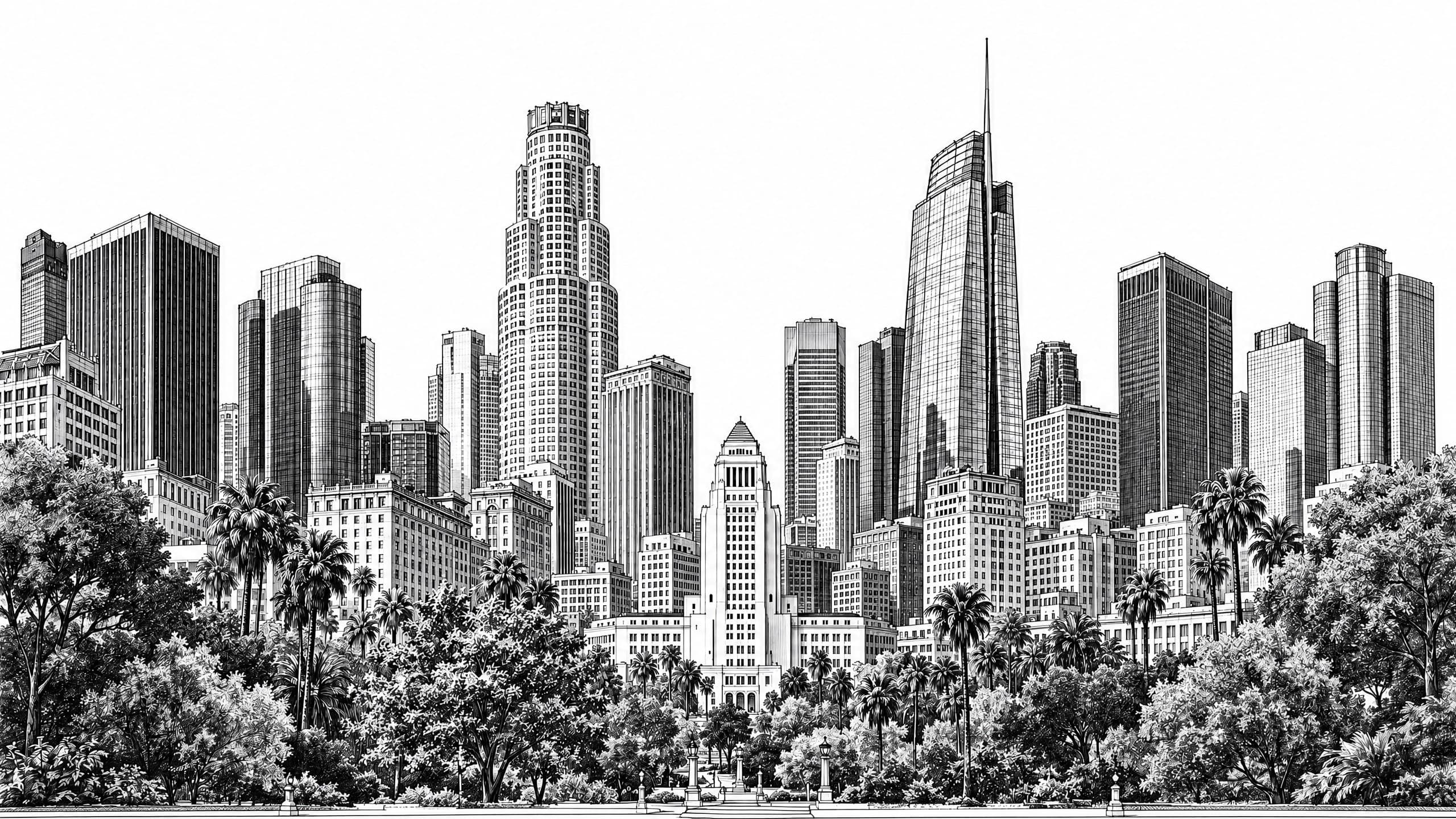 Line-art illustration of the downtown Los Angeles skyline